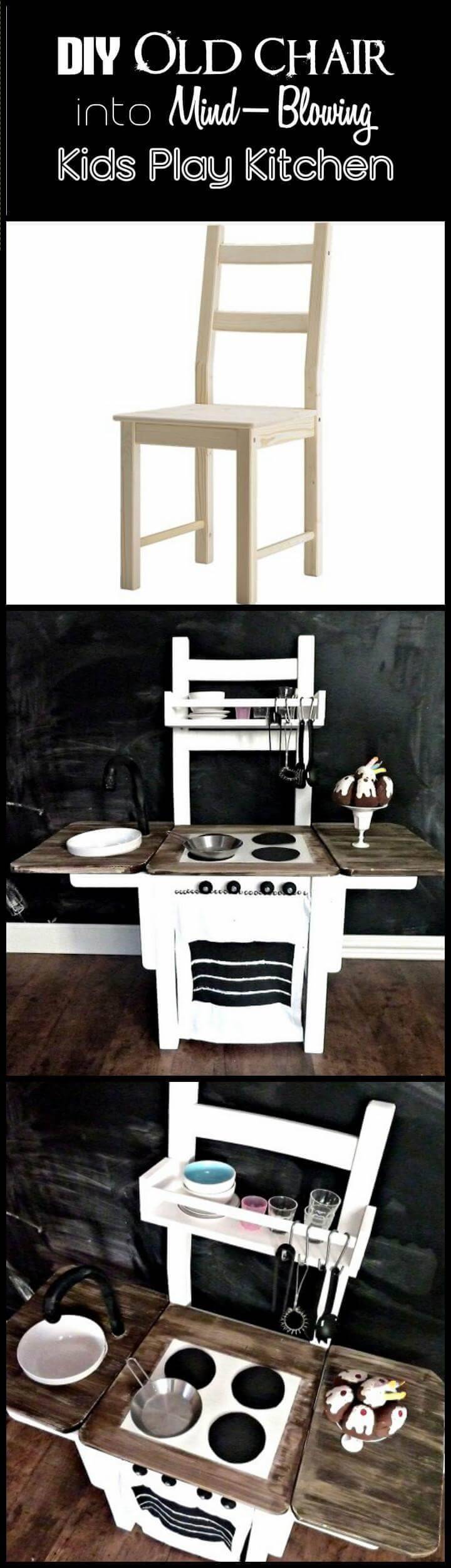 repurposed old chair into mind-blowing kids play kitchen